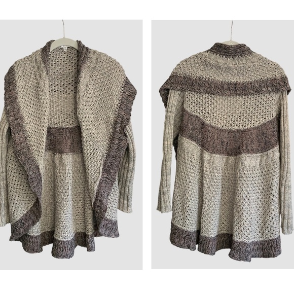 Cabi Crochet Knit Mixed Stitch Grey Brown Cardigan Shawl Cotton Sweater SZ S - Picture 1 of 14